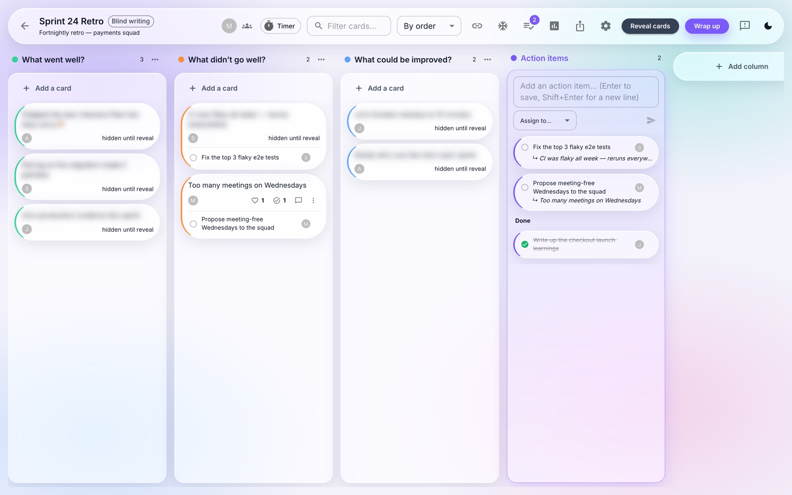 Blind writing mode — cards blurred and marked hidden until reveal, with a Reveal cards button