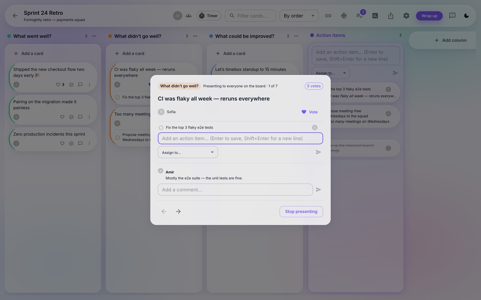 Presentation mode — the facilitator presents a card with its votes, comments and action items while everyone follows